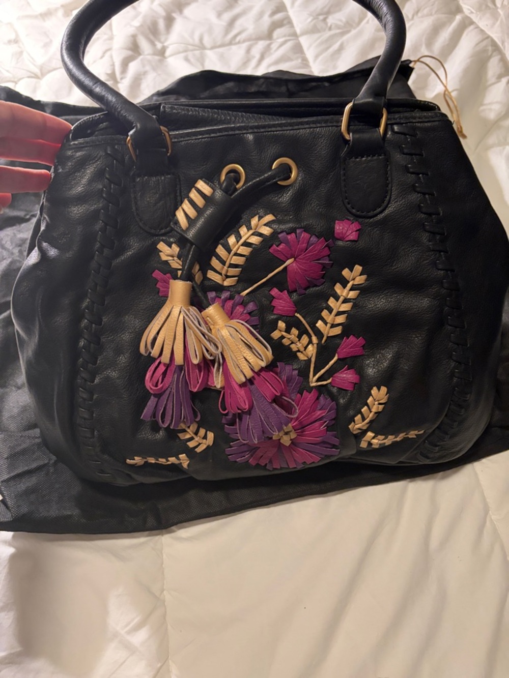 Isabella Fiore Black Leather Bag with Floral Appliqué